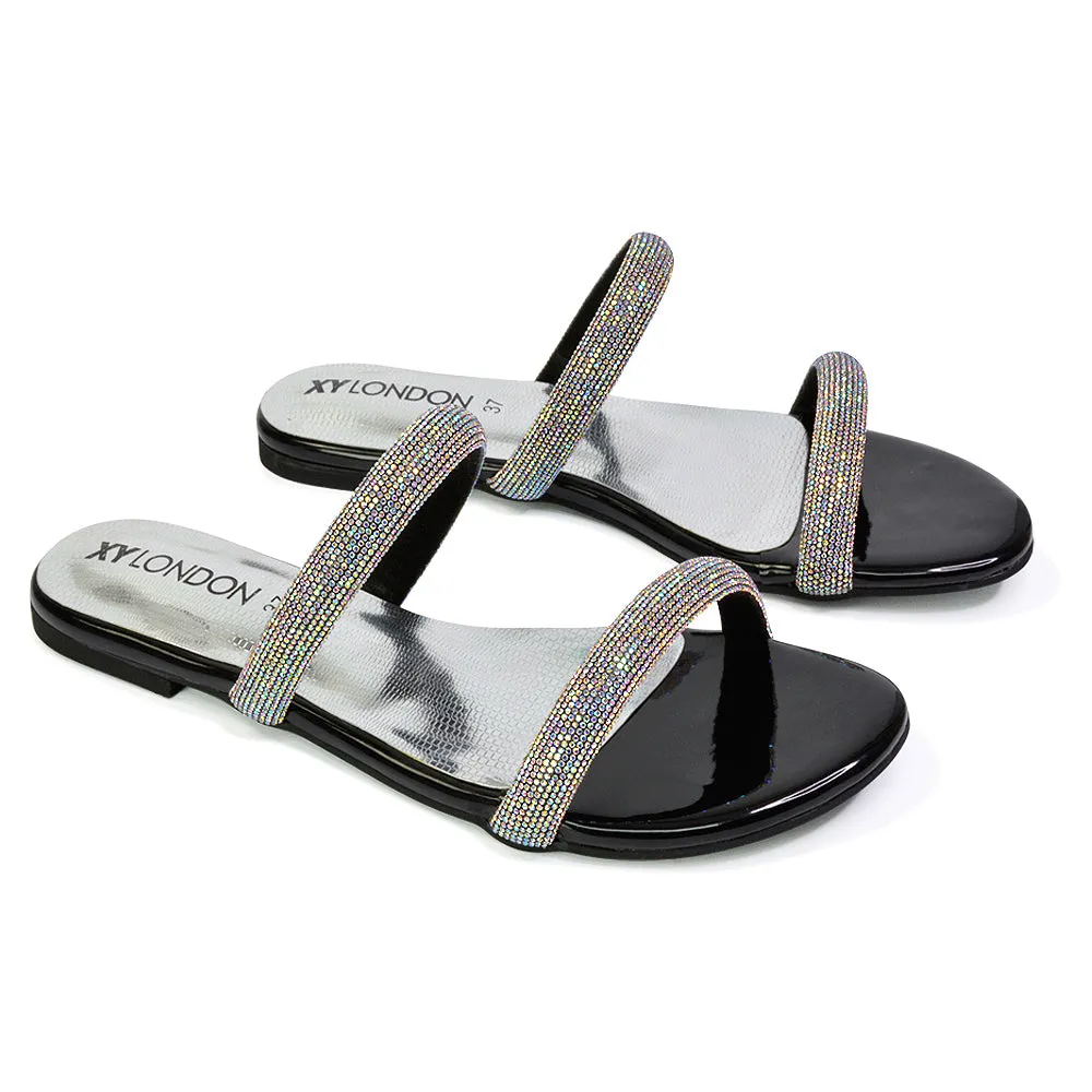 Hope Slip On Sparkly Bridal Shoes Summer Diamante Flat Sandals in Black