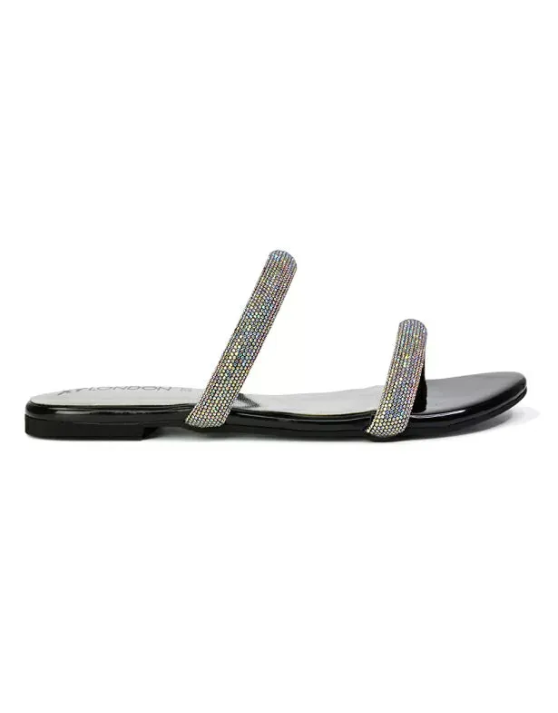 Hope Slip On Sparkly Bridal Shoes Summer Diamante Flat Sandals in Black