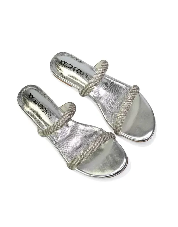 Hope Slip On Sparkly Bridal Shoes Summer Diamante Flat Sandals in Black