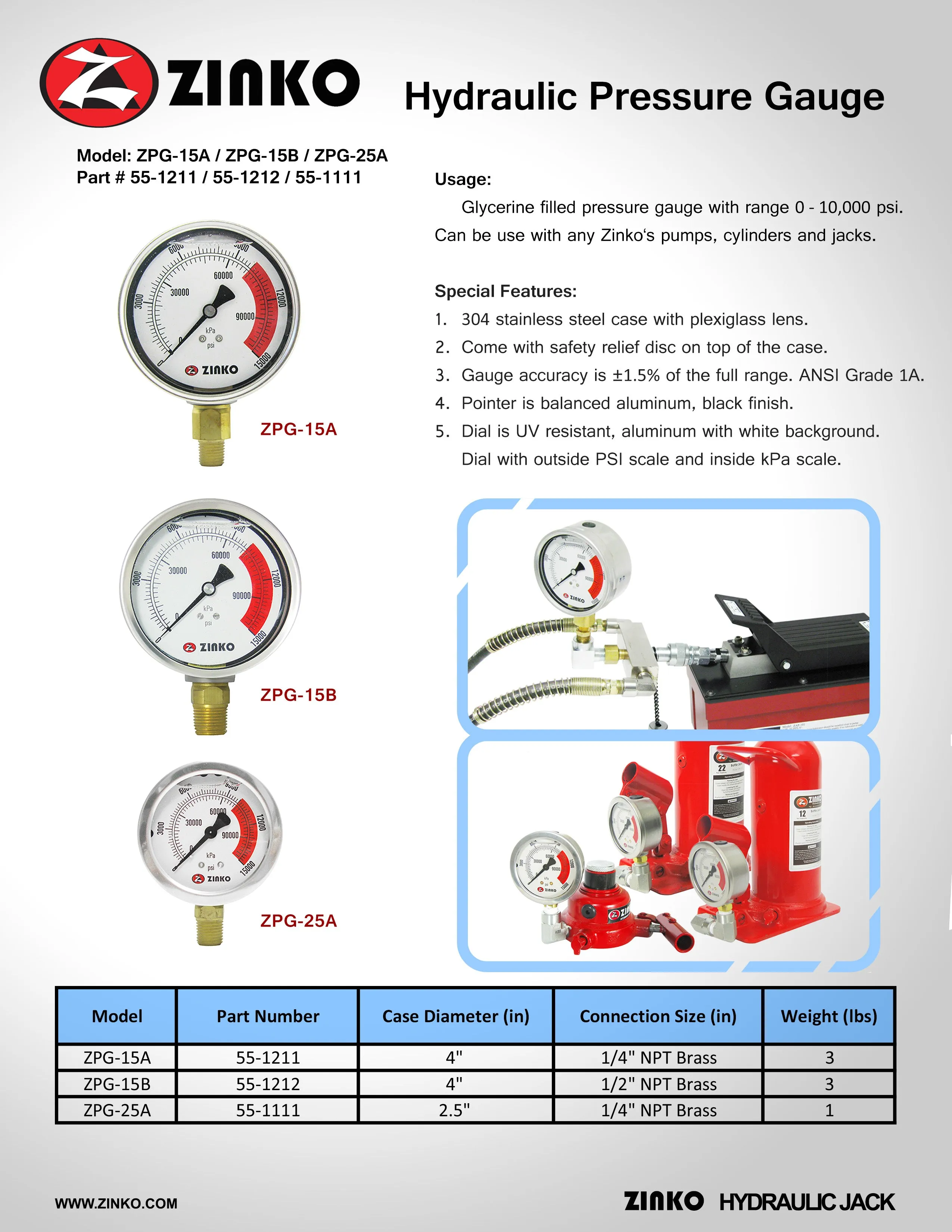 Hydraulic Pressure Gauge 4" Dia. 1/4" NPT: ZPG-15A