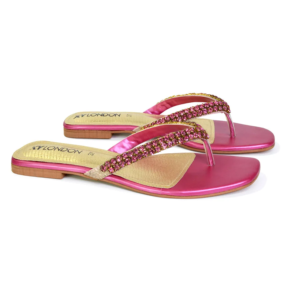 Jazlyn Flat Diamante Flip Flop Sandals Thong Summer Shoes in Pink