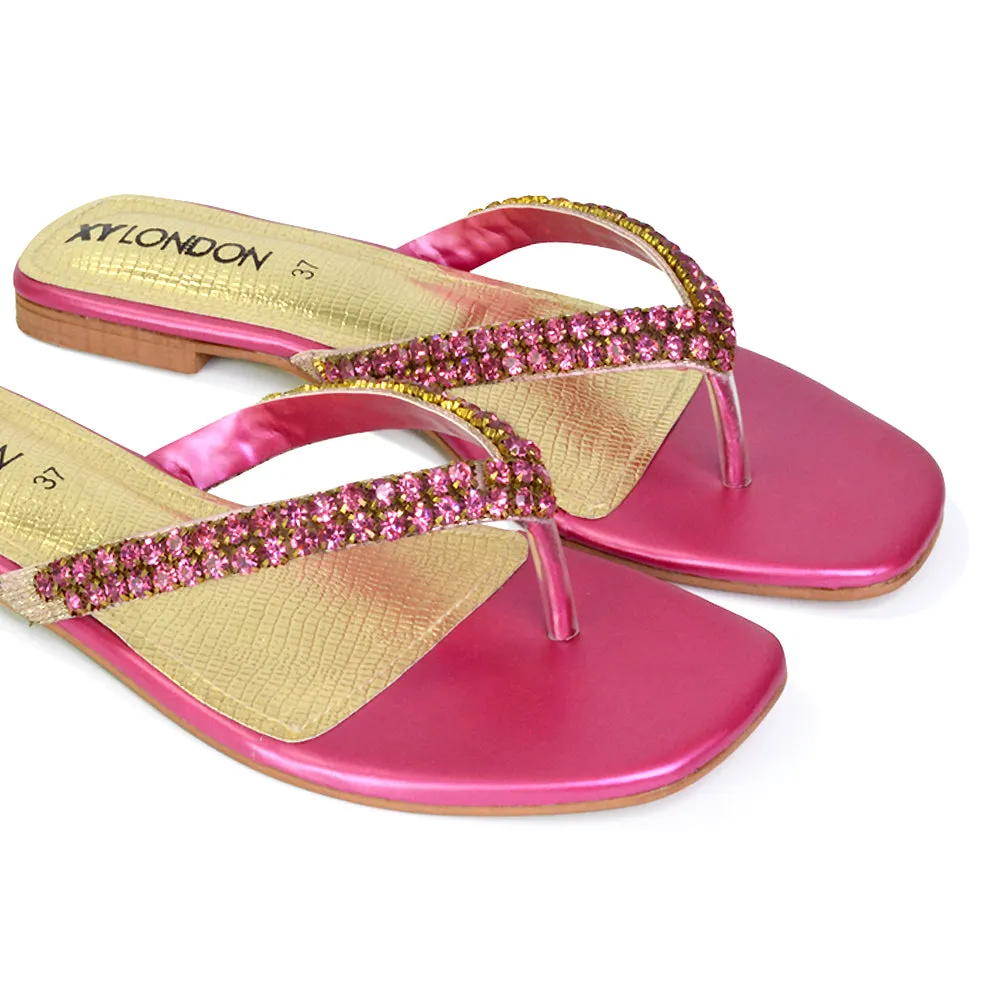 Jazlyn Flat Diamante Flip Flop Sandals Thong Summer Shoes in Pink