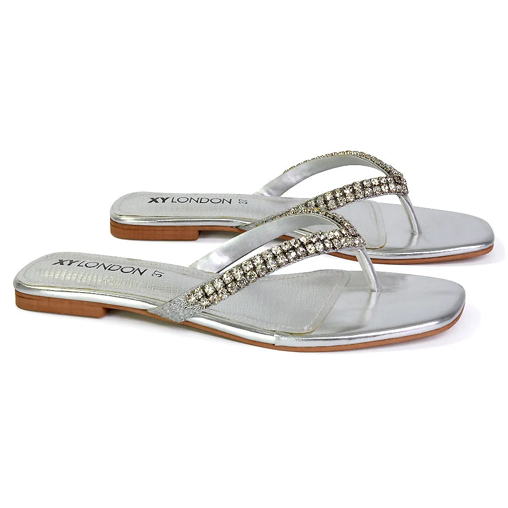 Jazlyn Flat Diamante Flip Flop Sandals Thong Summer Shoes in Silver