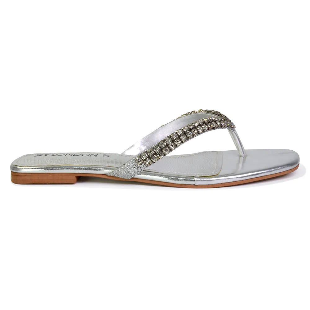 Jazlyn Flat Diamante Flip Flop Sandals Thong Summer Shoes in Silver