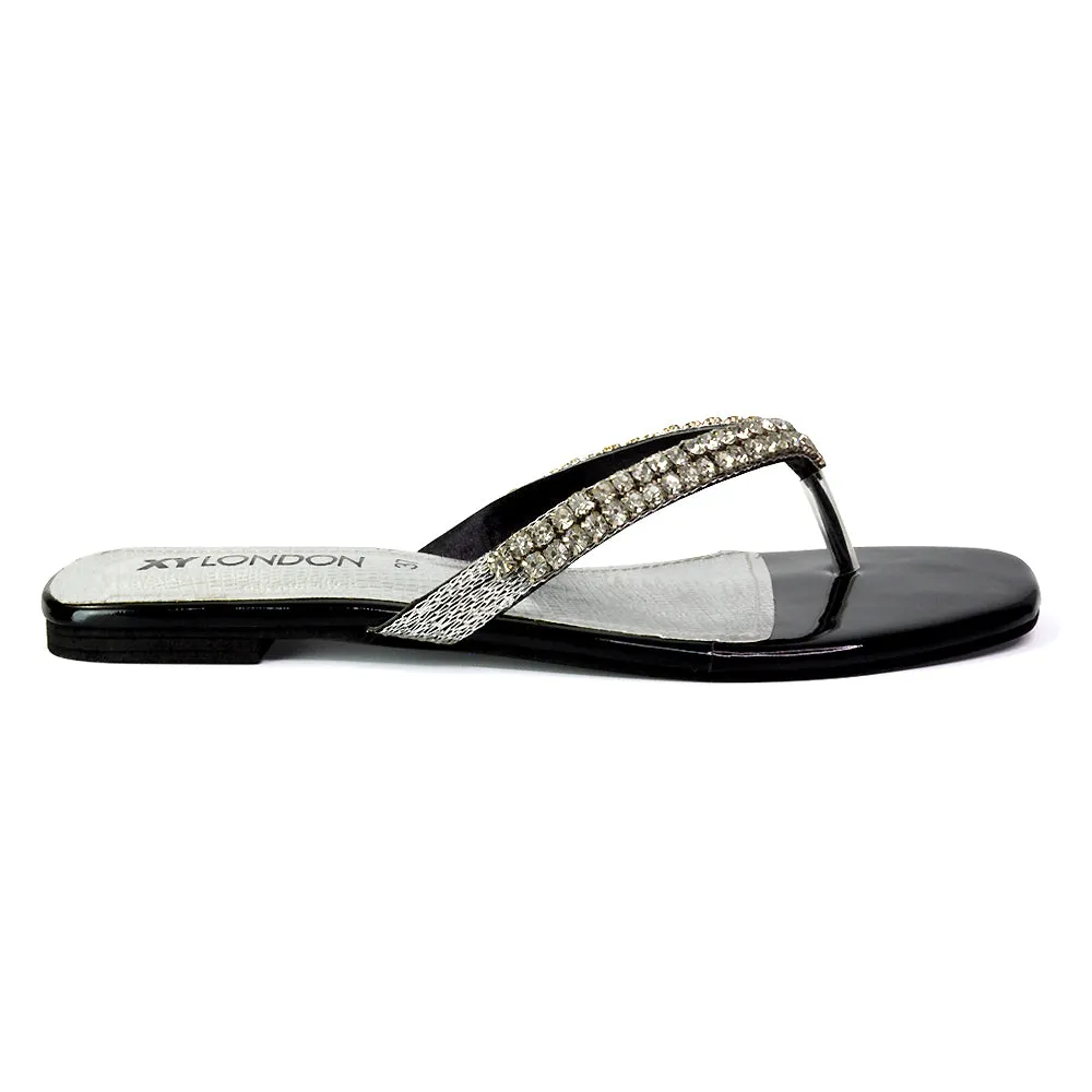 Jazlyn Flat Diamante Flip Flop Sandals Thong Summer Shoes in Silver