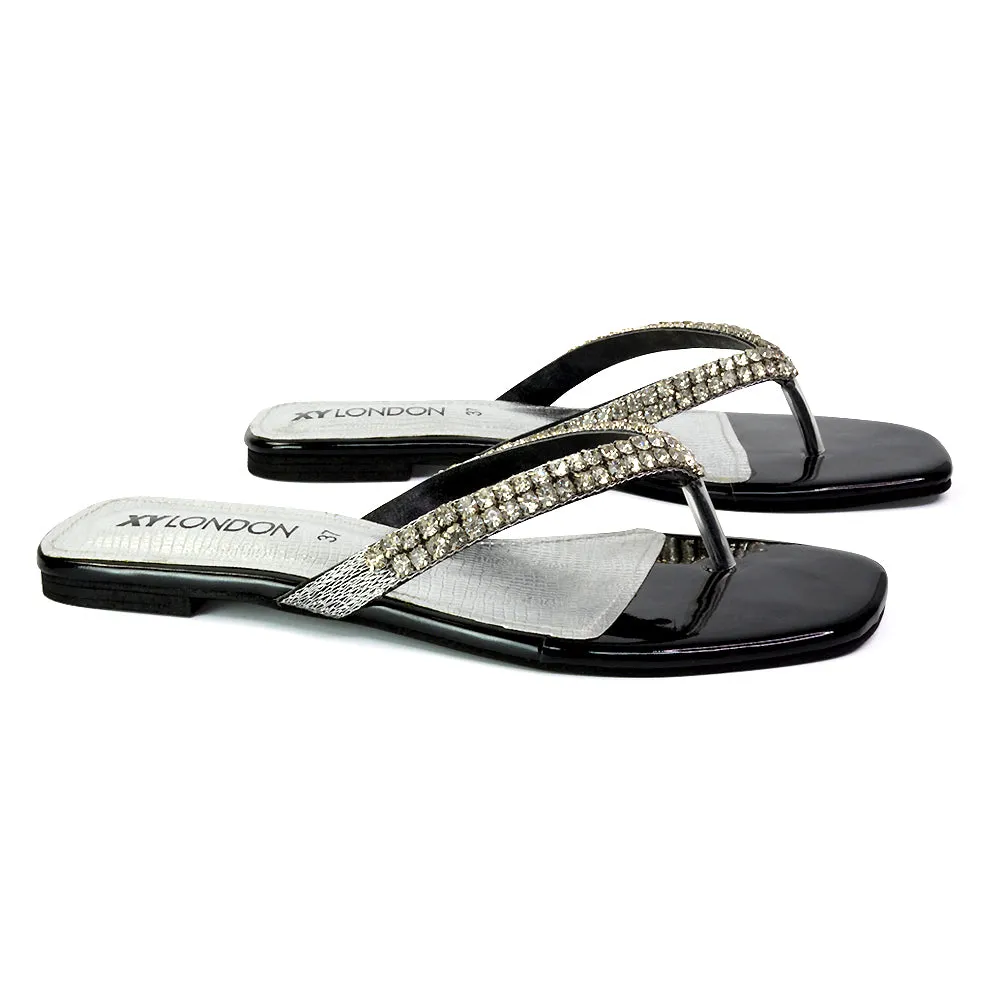 Jazlyn Flat Diamante Flip Flop Sandals Thong Summer Shoes in Silver