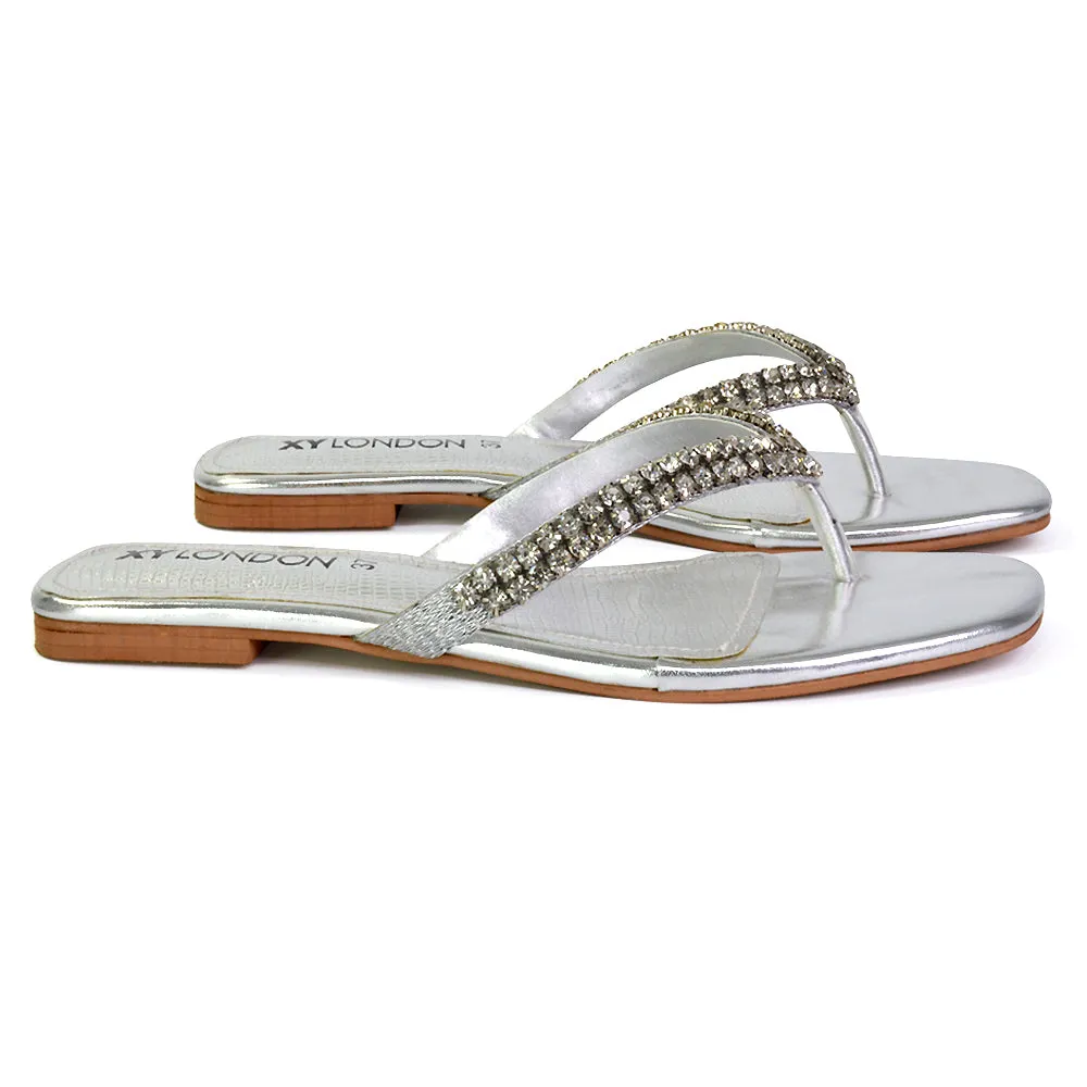 Jazlyn Flat Diamante Flip Flop Sandals Thong Summer Shoes in Silver