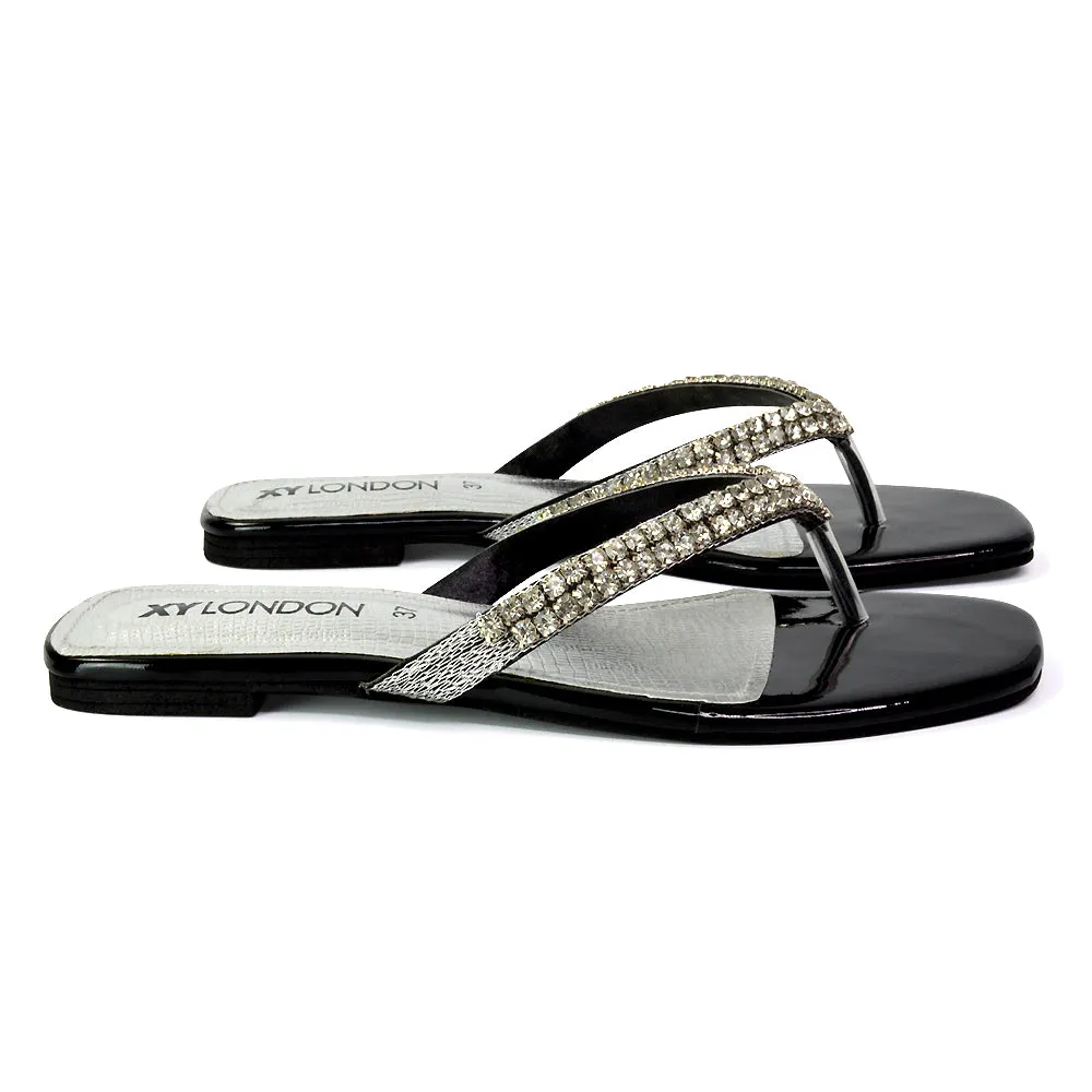 Jazlyn Flat Diamante Flip Flop Sandals Thong Summer Shoes in Silver