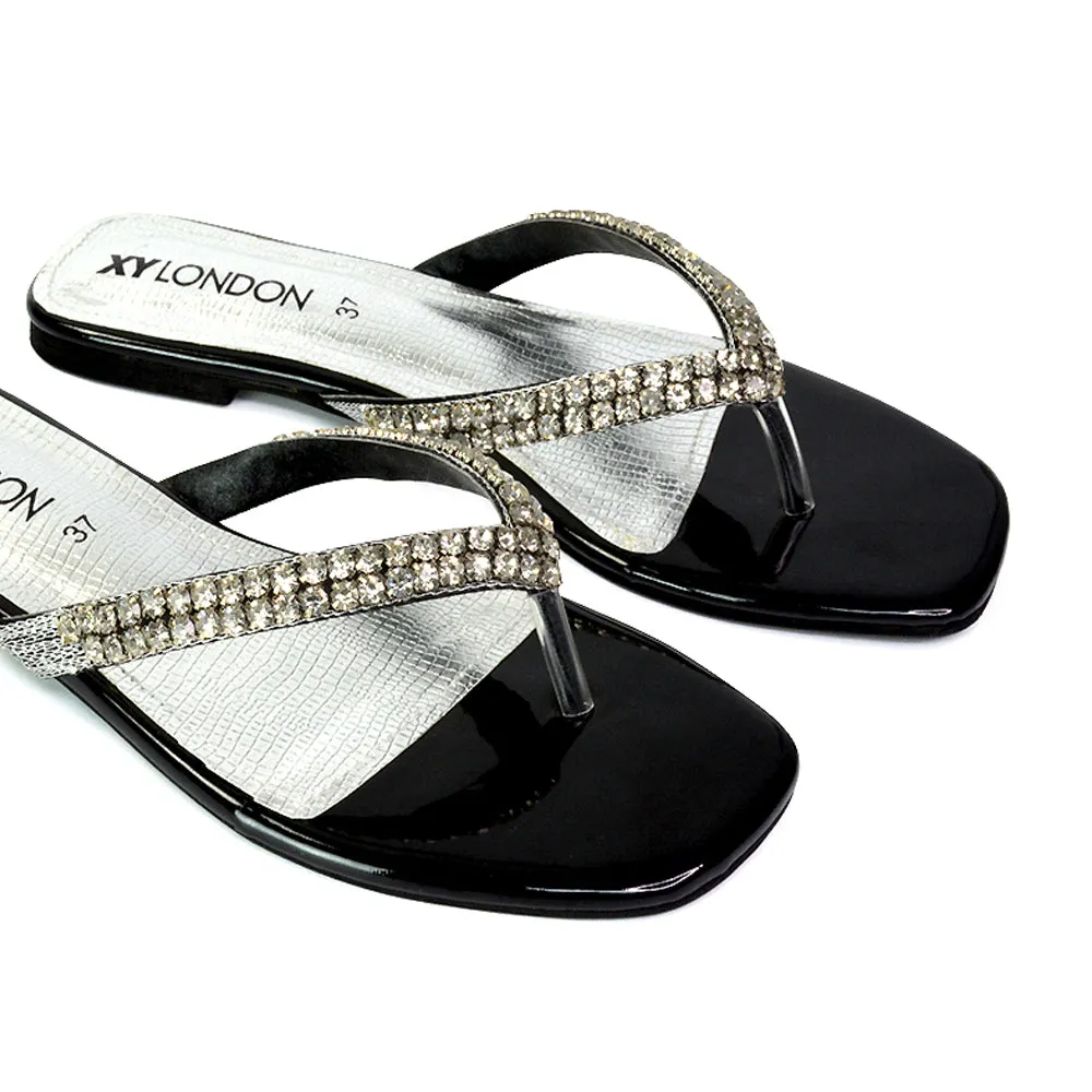 Jazlyn Flat Diamante Flip Flop Sandals Thong Summer Shoes in Silver