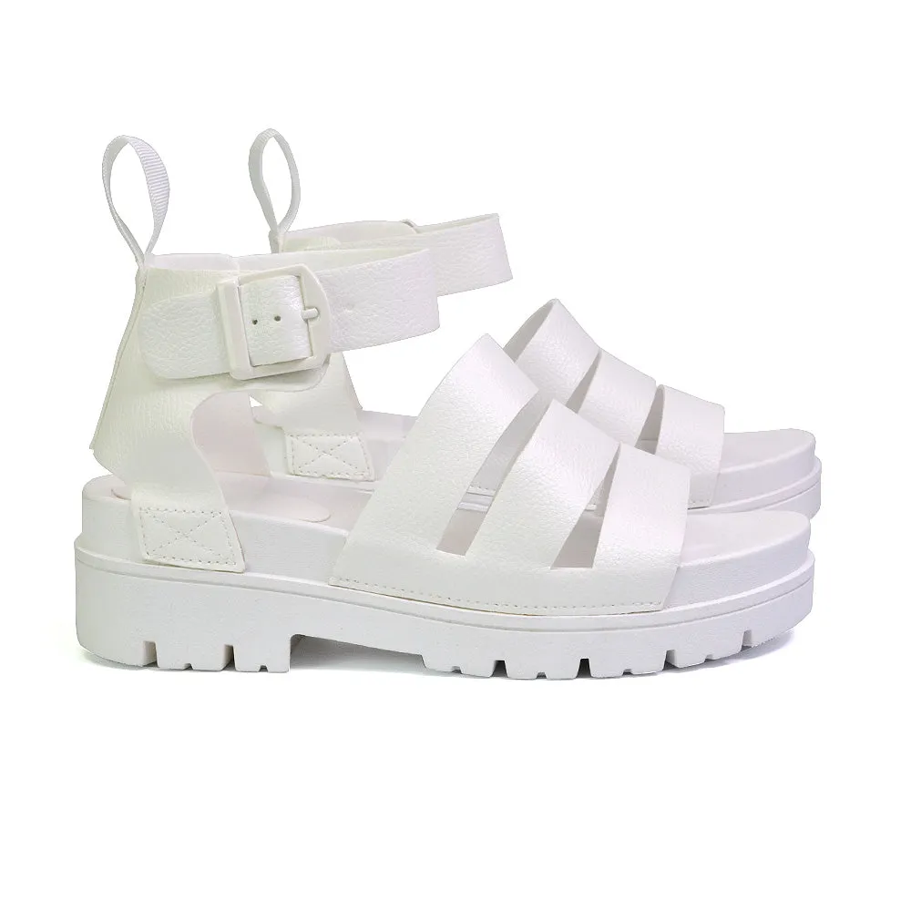 Jonas Chunky Flatform Sandals with Buckle Up Ankle Strap in Black