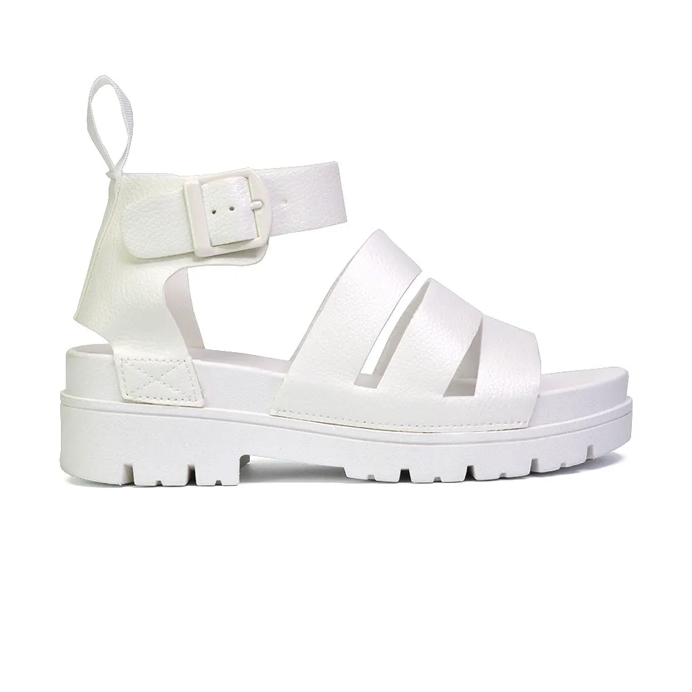 Jonas Chunky Flatform Sandals with Buckle Up Ankle Strap in Black