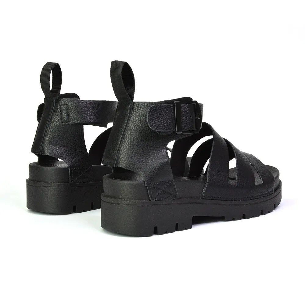 Jonas Chunky Flatform Sandals with Buckle Up Ankle Strap in Black