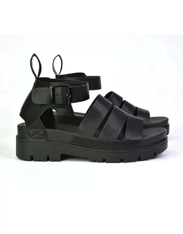 Jonas Chunky Flatform Sandals with Buckle Up Ankle Strap in Black