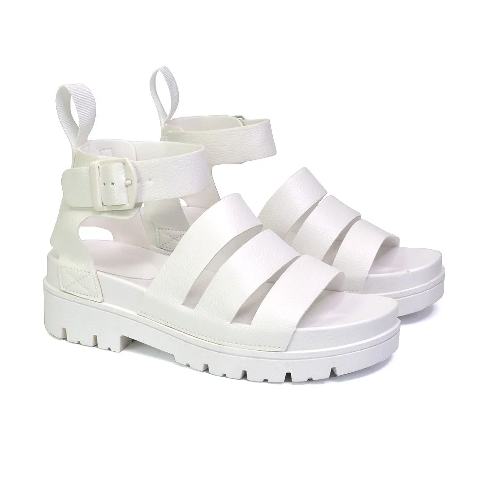 Jonas Chunky Flatform Sandals with Buckle Up Ankle Strap in Black