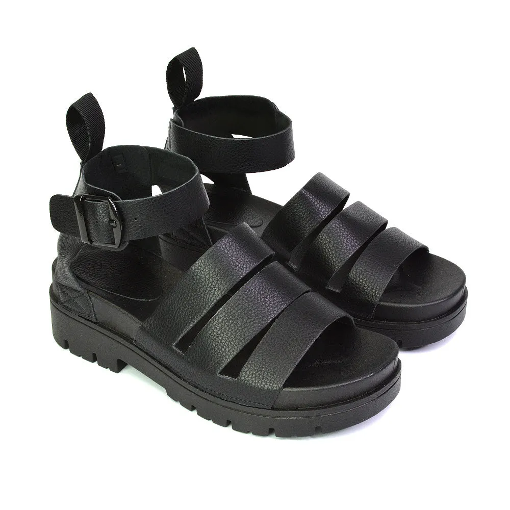 Jonas Chunky Flatform Sandals with Buckle Up Ankle Strap in Black