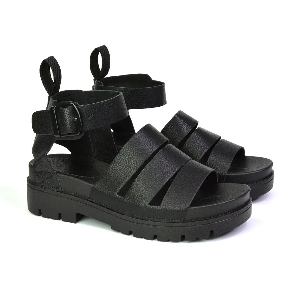 Jonas Chunky Flatform Sandals with Buckle Up Ankle Strap in Black