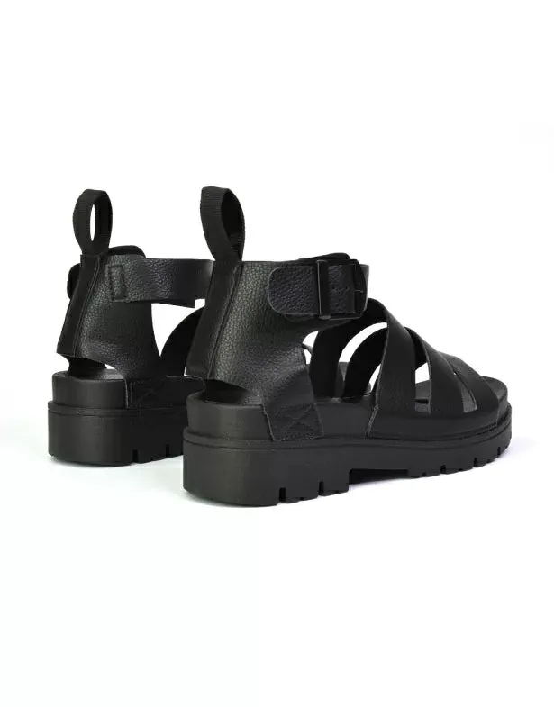 Jonas Chunky Flatform Sandals with Buckle Up Ankle Strap in Black