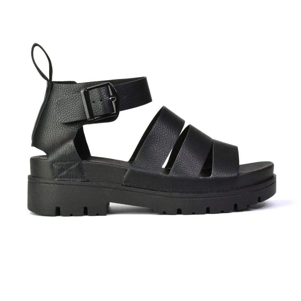 Jonas Chunky Flatform Sandals with Buckle Up Ankle Strap in Black