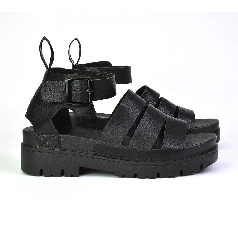 Jonas Chunky Flatform Sandals with Buckle Up Ankle Strap in Black