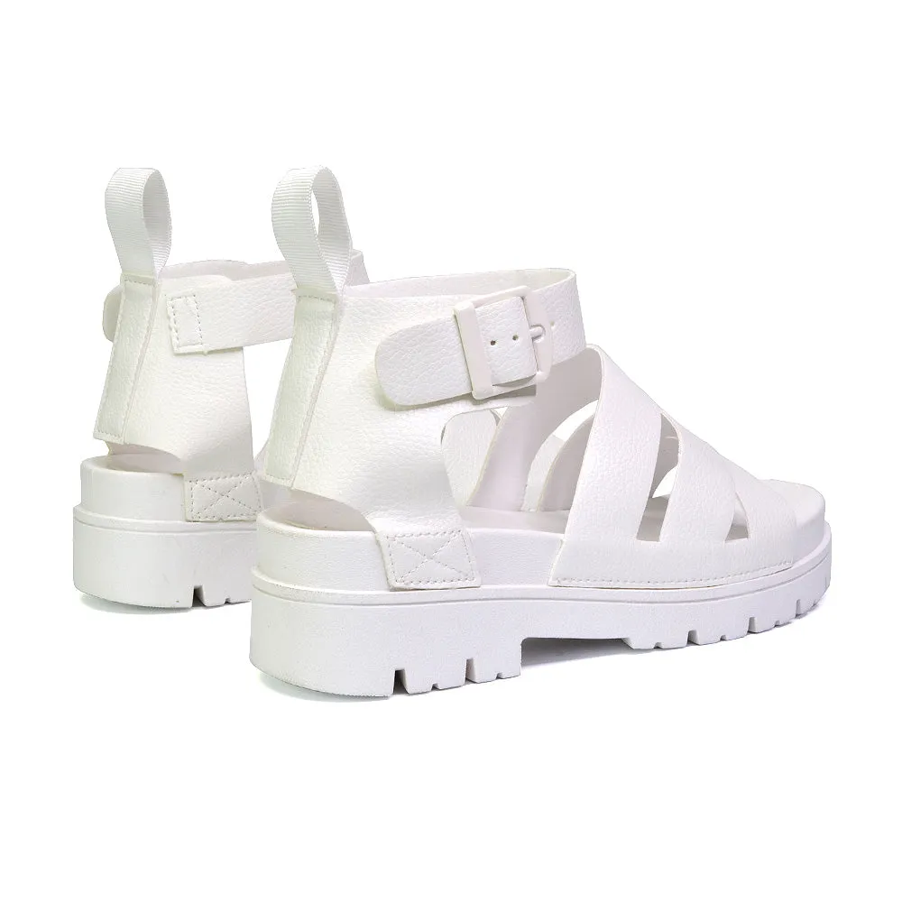 Jonas Chunky Flatform Sandals with Buckle Up Ankle Strap in Black