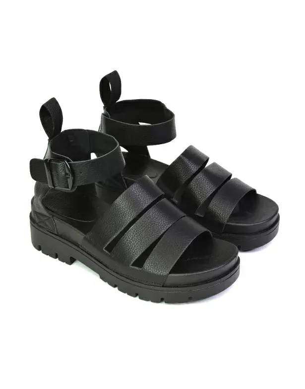 Jonas Chunky Flatform Sandals with Buckle Up Ankle Strap in Black