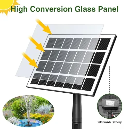 Jutai Solar Fountain Kit Glass Panel 3.5W with 2000mAH Battery Backup, DIY Solar Water Pump with Sucker and Stake, Solar Fountain Pump for Bird Bath, Water Feature,Pond, Outdoor, 16.4ft Power Cord