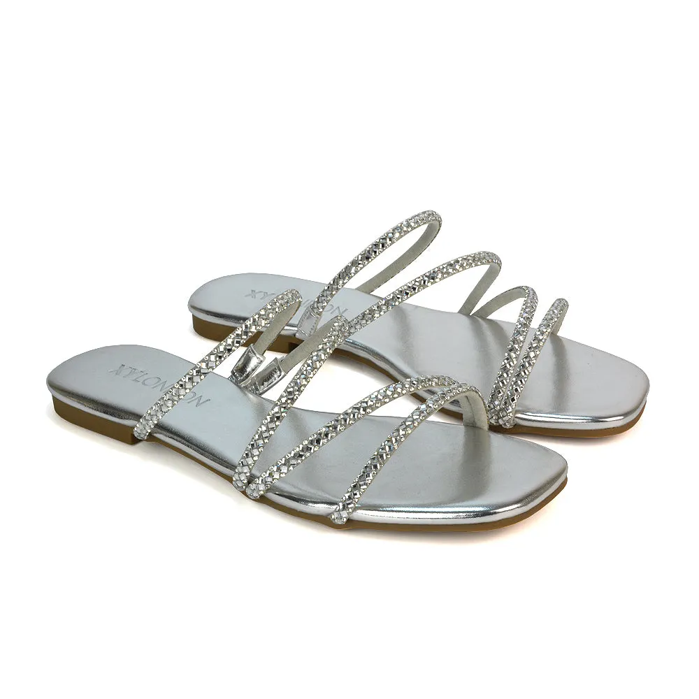 Kiki Slip On Sliders Diamante Flat Sandal Summer Shoes With Square Toe in Liquid Gold