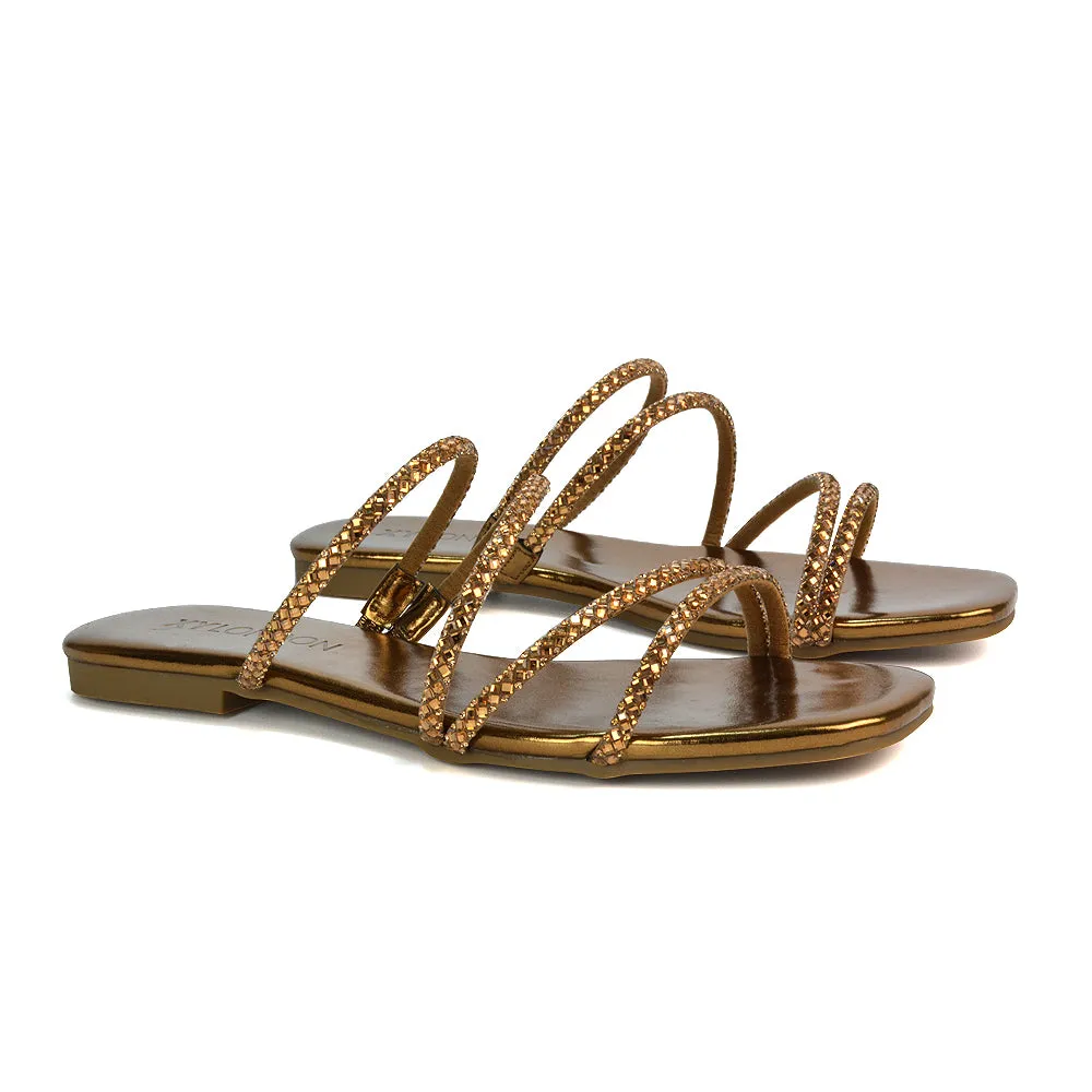 Kiki Slip On Sliders Diamante Flat Sandal Summer Shoes With Square Toe in Liquid Gold