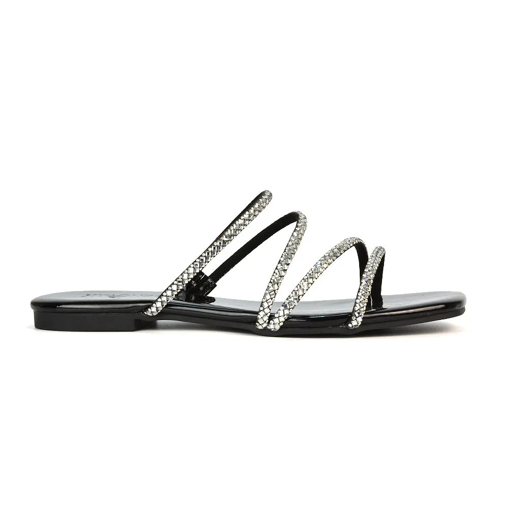 Kiki Slip On Sliders Diamante Flat Sandal Summer Shoes With Square Toe in Liquid Gold