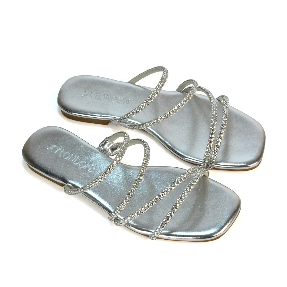 Kiki Slip On Sliders Diamante Flat Sandal Summer Shoes With Square Toe in Liquid Gold