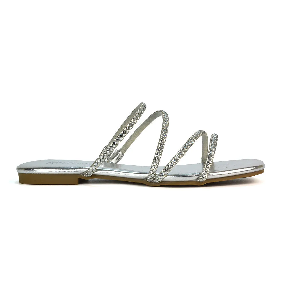 Kiki Slip On Sliders Diamante Flat Sandal Summer Shoes With Square Toe in Liquid Gold