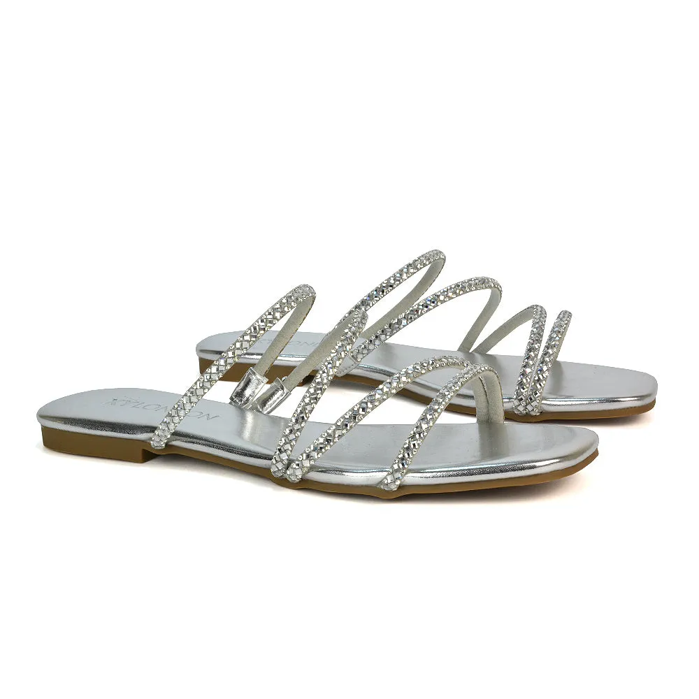 Kiki Slip On Sliders Diamante Flat Sandal Summer Shoes With Square Toe in Liquid Gold