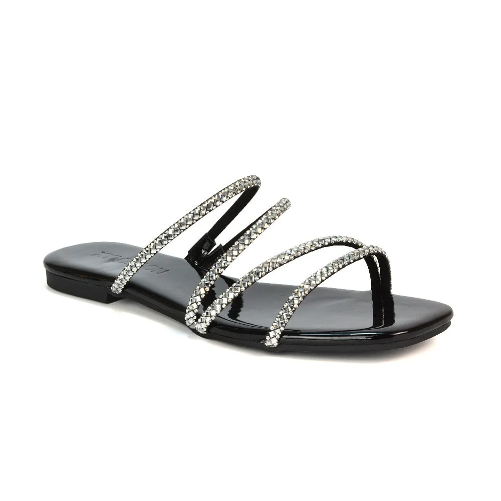 Kiki Slip On Sliders Diamante Flat Sandal Summer Shoes With Square Toe in Liquid Gold