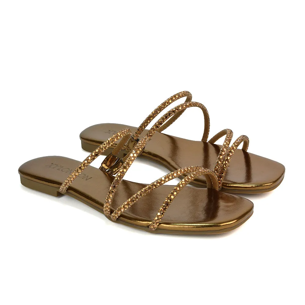 Kiki Slip On Sliders Diamante Flat Sandal Summer Shoes With Square Toe in Liquid Gold