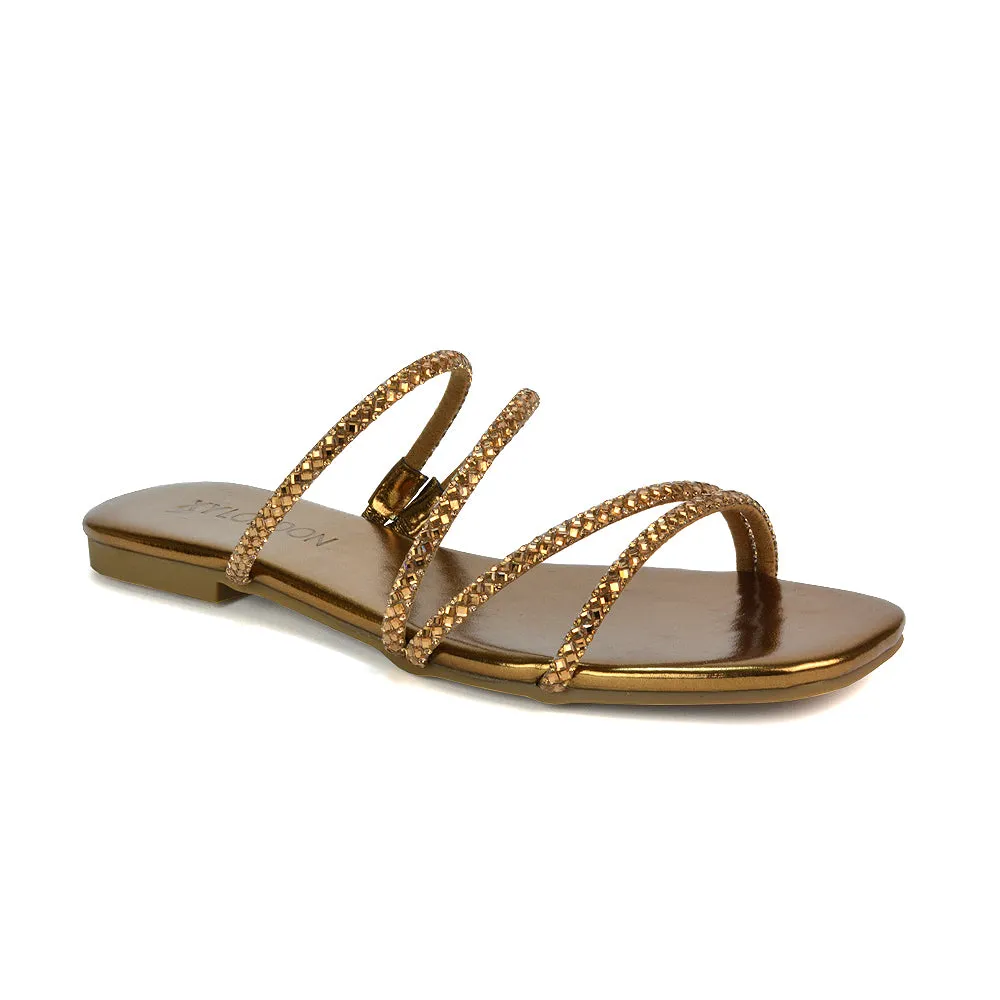 Kiki Slip On Sliders Diamante Flat Sandal Summer Shoes With Square Toe in Liquid Gold