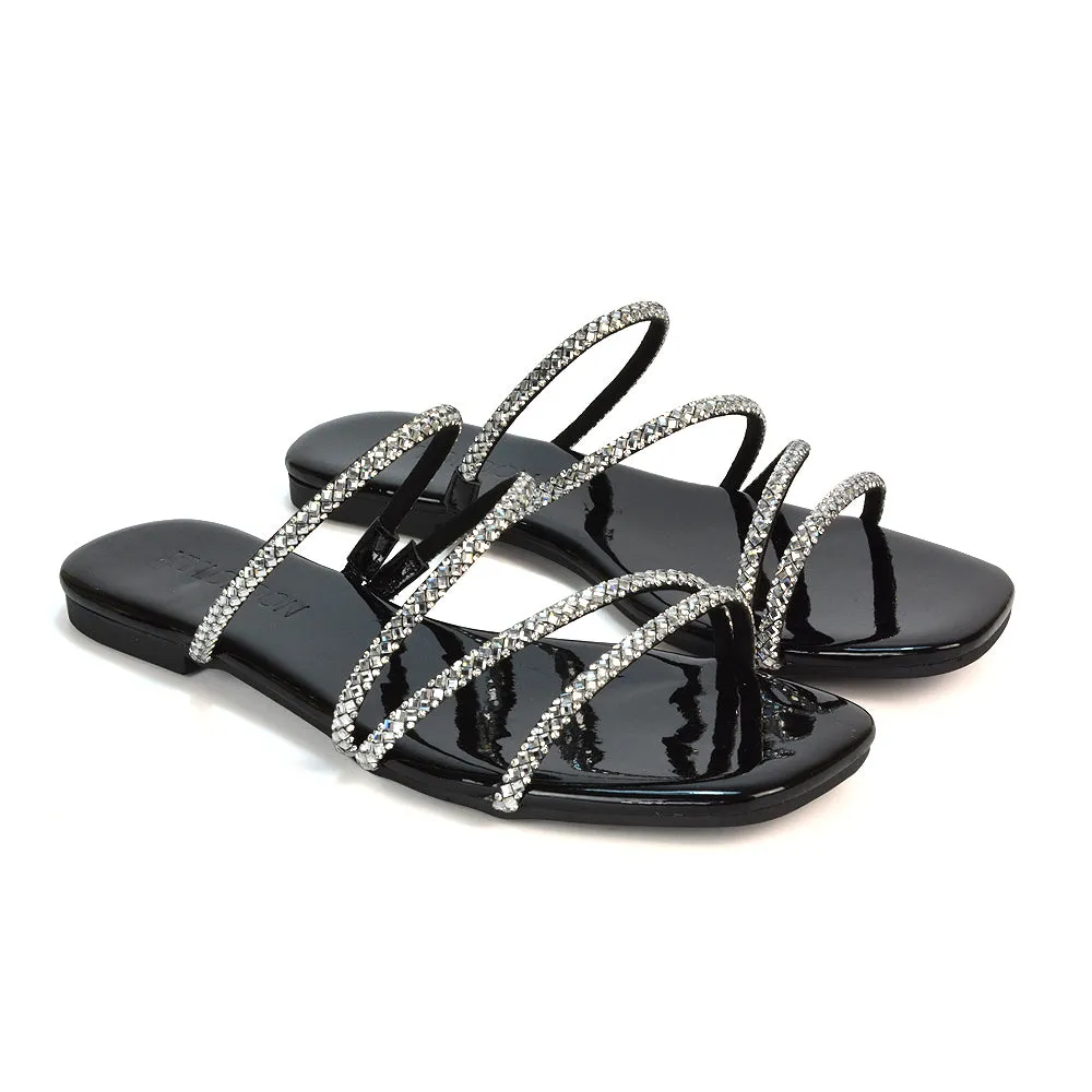 Kiki Slip On Sliders Diamante Flat Sandal Summer Shoes With Square Toe in Liquid Gold