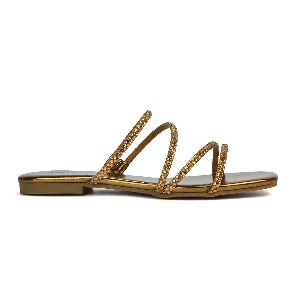 Kiki Slip On Sliders Diamante Flat Sandal Summer Shoes With Square Toe in Liquid Gold