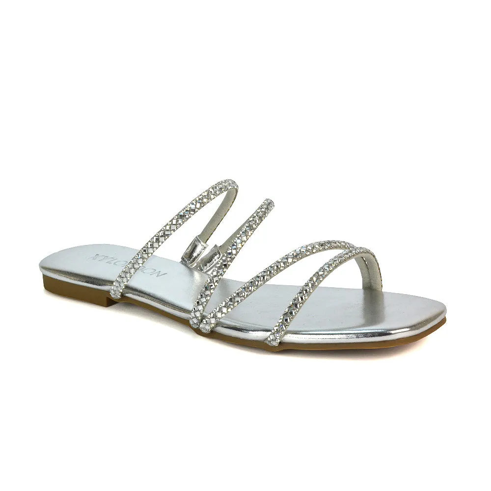 Kiki Slip On Sliders Diamante Flat Sandal Summer Shoes With Square Toe in Liquid Gold