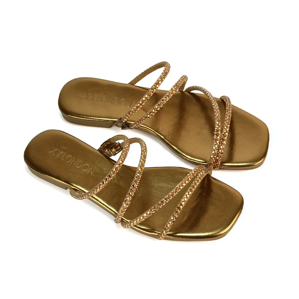 Kiki Slip On Sliders Diamante Flat Sandal Summer Shoes With Square Toe in Liquid Gold