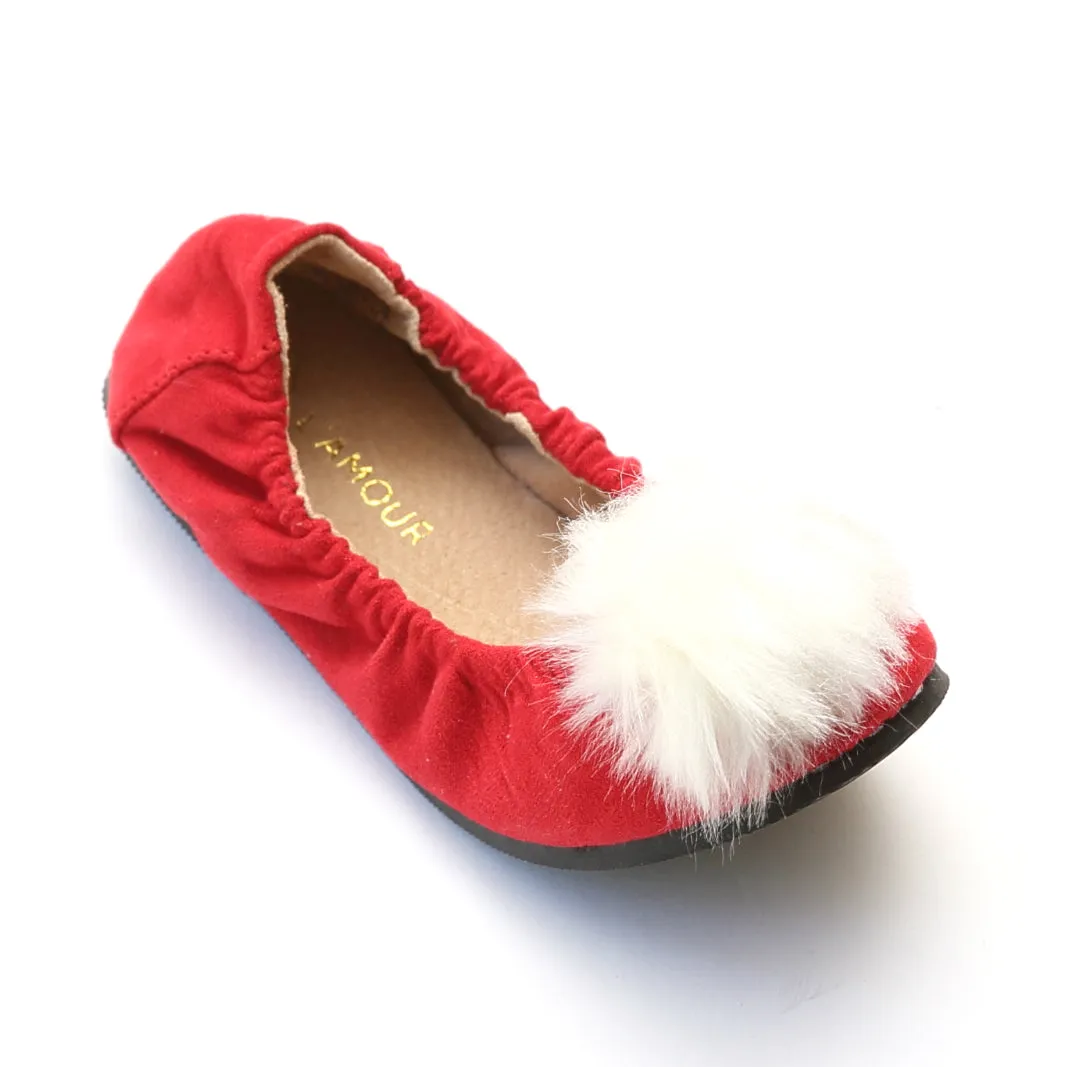 L'Amour Girls Faux Fur Pom Pom Flats