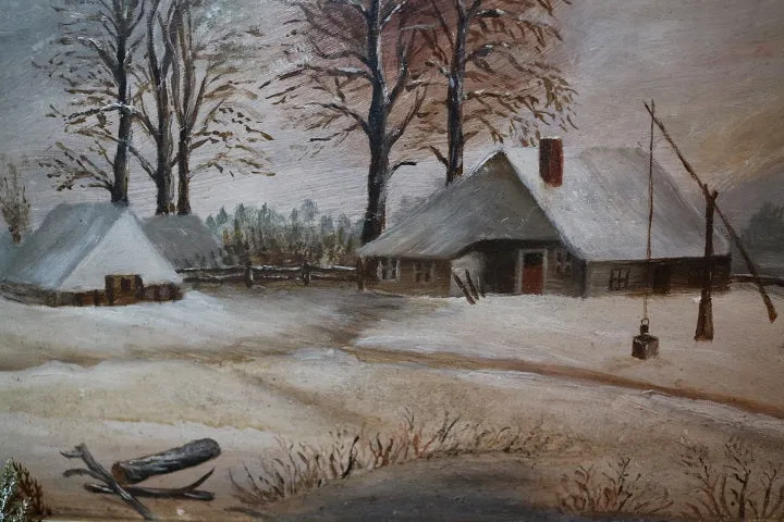 Landscape Winter Oil Painting with Unusual Well Sweep