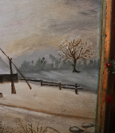 Landscape Winter Oil Painting with Unusual Well Sweep