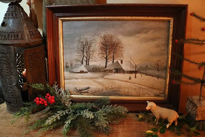 Landscape Winter Oil Painting with Unusual Well Sweep