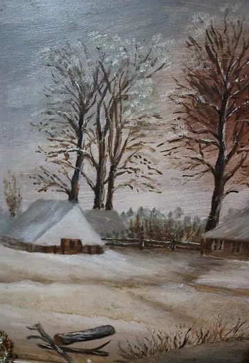 Landscape Winter Oil Painting with Unusual Well Sweep