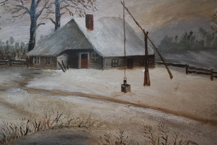 Landscape Winter Oil Painting with Unusual Well Sweep