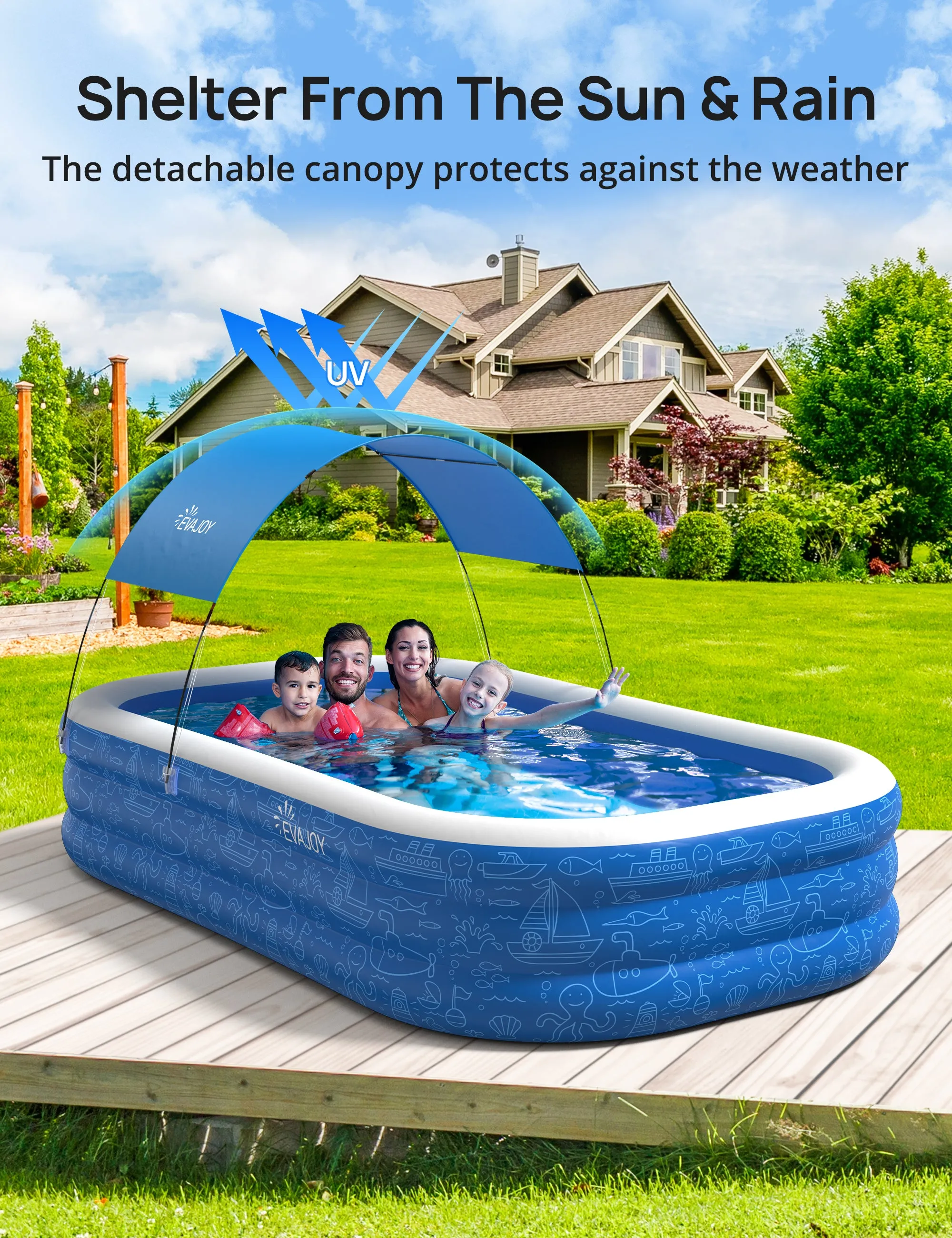 Large Inflatable Swimming Pool with Canopy, 120" x 70" x 20" Full-Sized Inflatable Pool for Kids & Adults