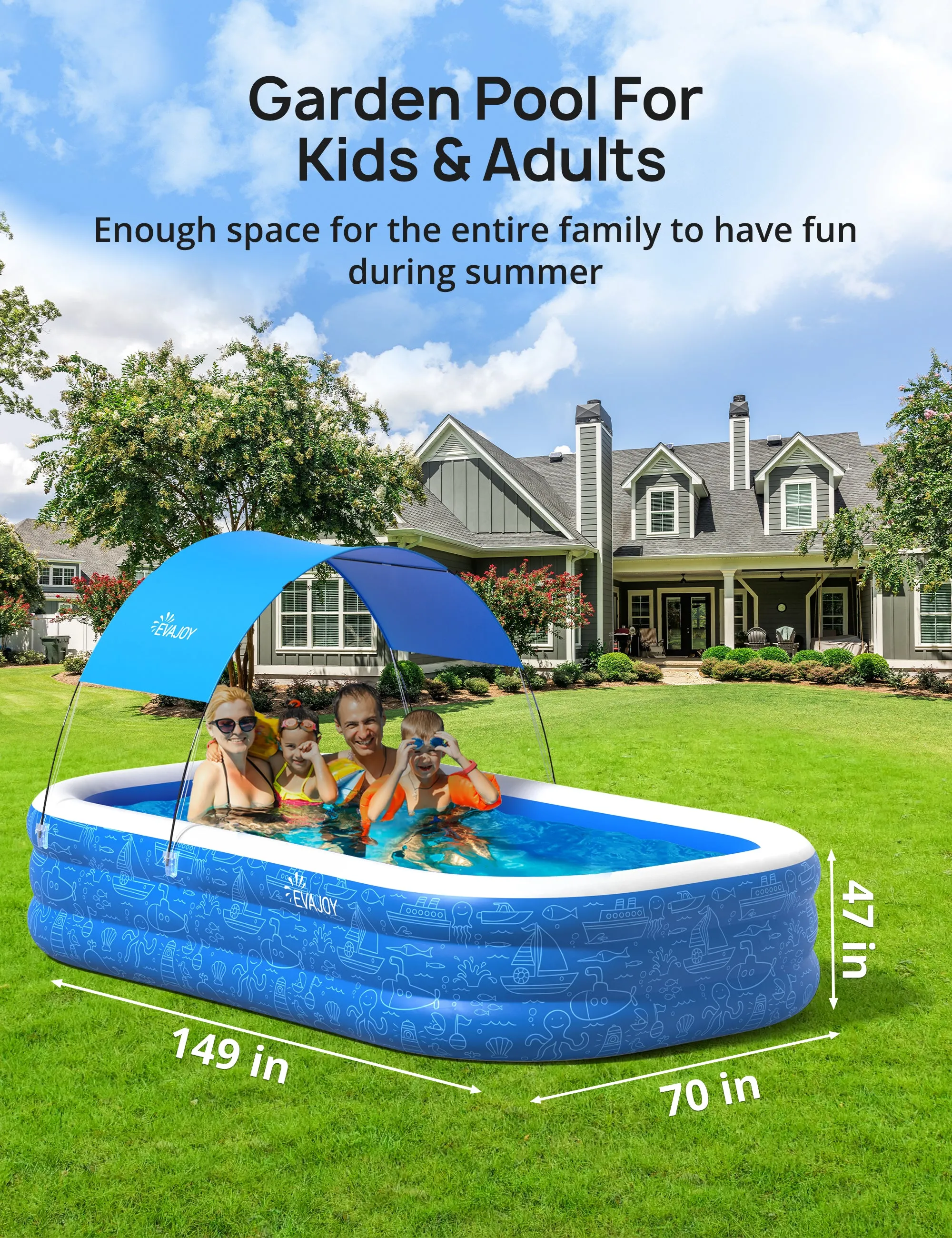 Large Inflatable Swimming Pool with Canopy, 120" x 70" x 20" Full-Sized Inflatable Pool for Kids & Adults