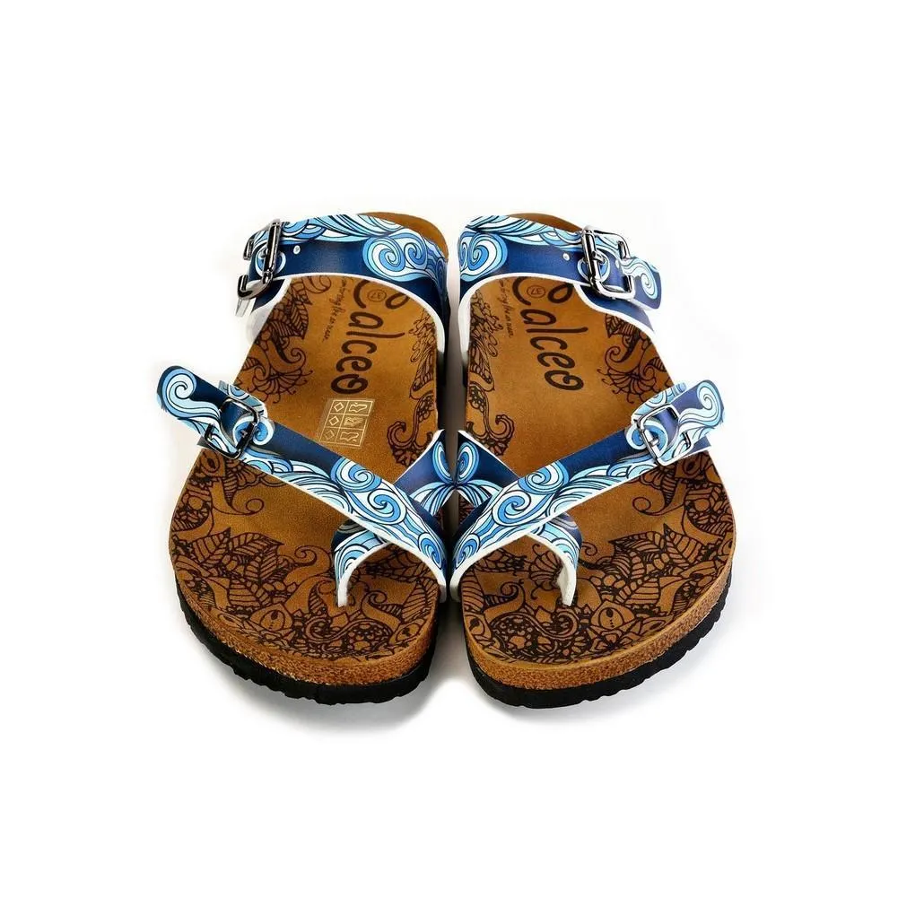 Light Blue and White, Sea Wavy Dark Blue Pattern Sandal - CAL1013