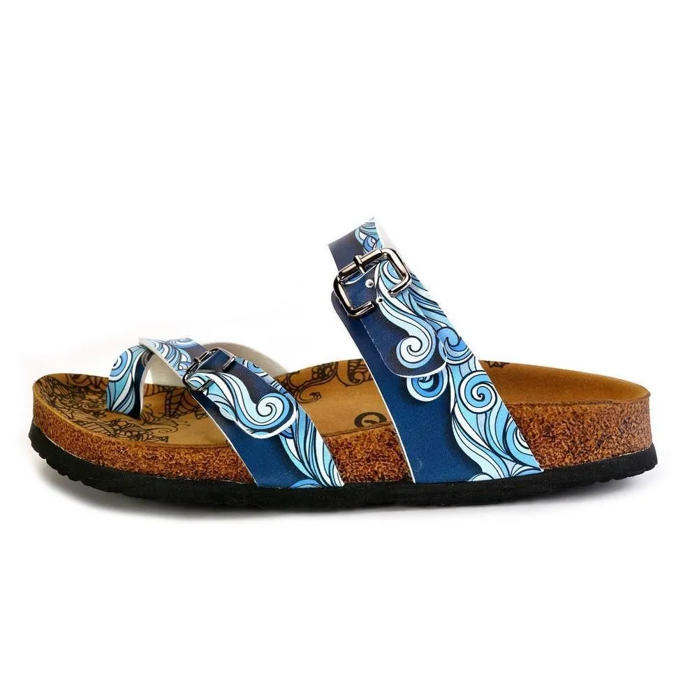 Light Blue and White, Sea Wavy Dark Blue Pattern Sandal - CAL1013