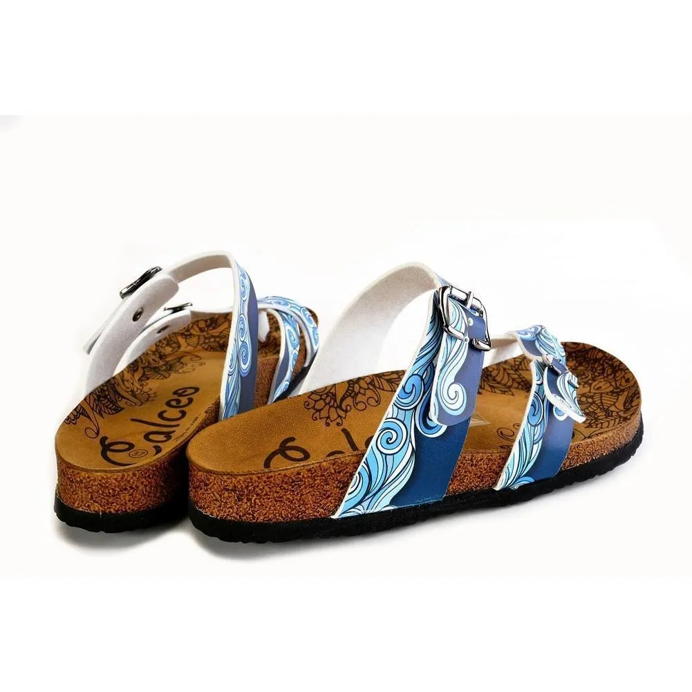 Light Blue and White, Sea Wavy Dark Blue Pattern Sandal - CAL1013